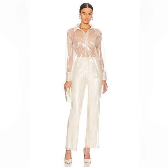 RevolveMore To Come Georgie Pant Ivory White Sequin Wide Leg High Rise - S - Picture 4 of 10